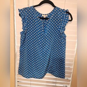 J. Crew Blue and White Ruffle Sleeve Blouse